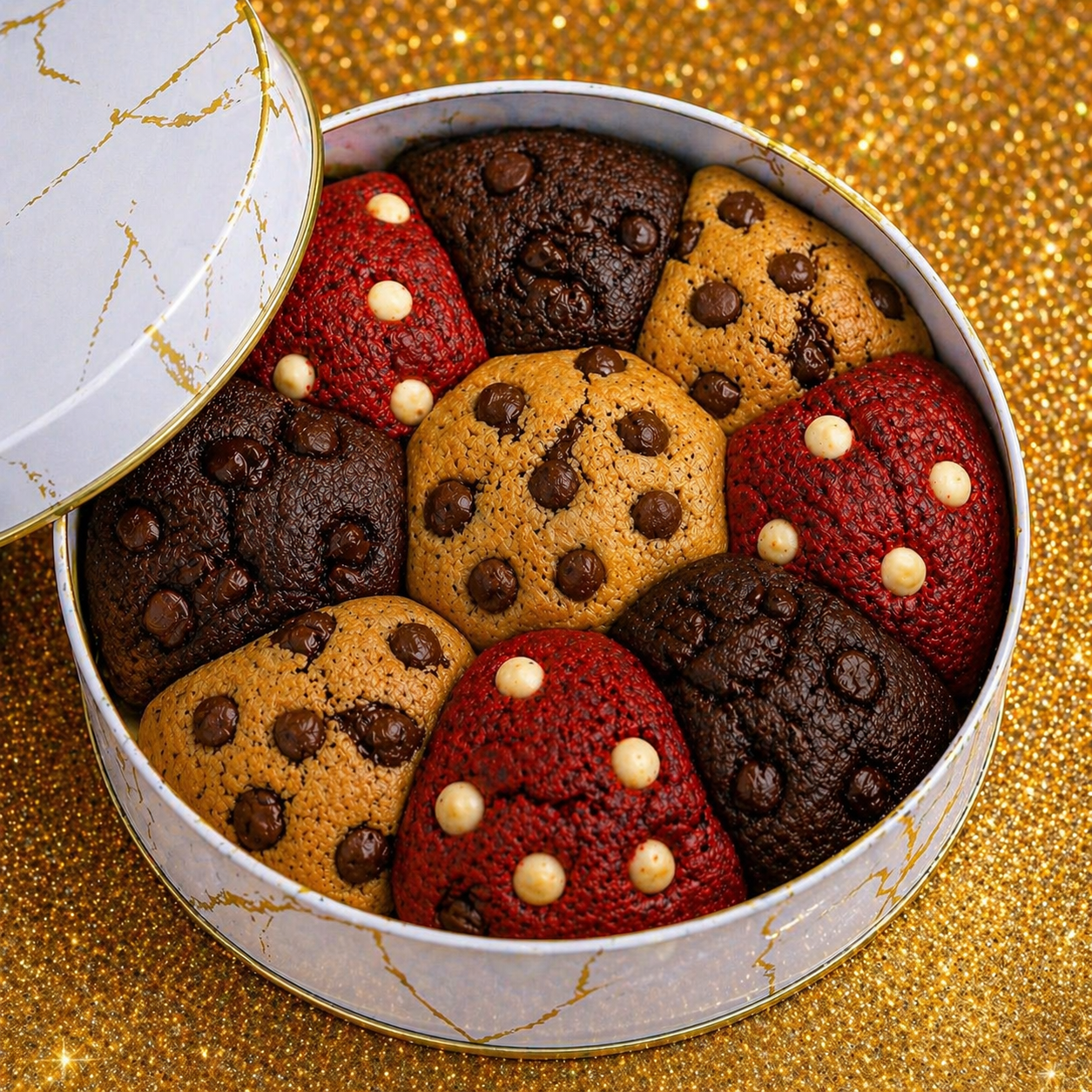 Build your own cookie tin 🍪
Choose your favorite flavors and fill your tin with our signature stuffed cookies — soft, gooey, and baked to indulge.