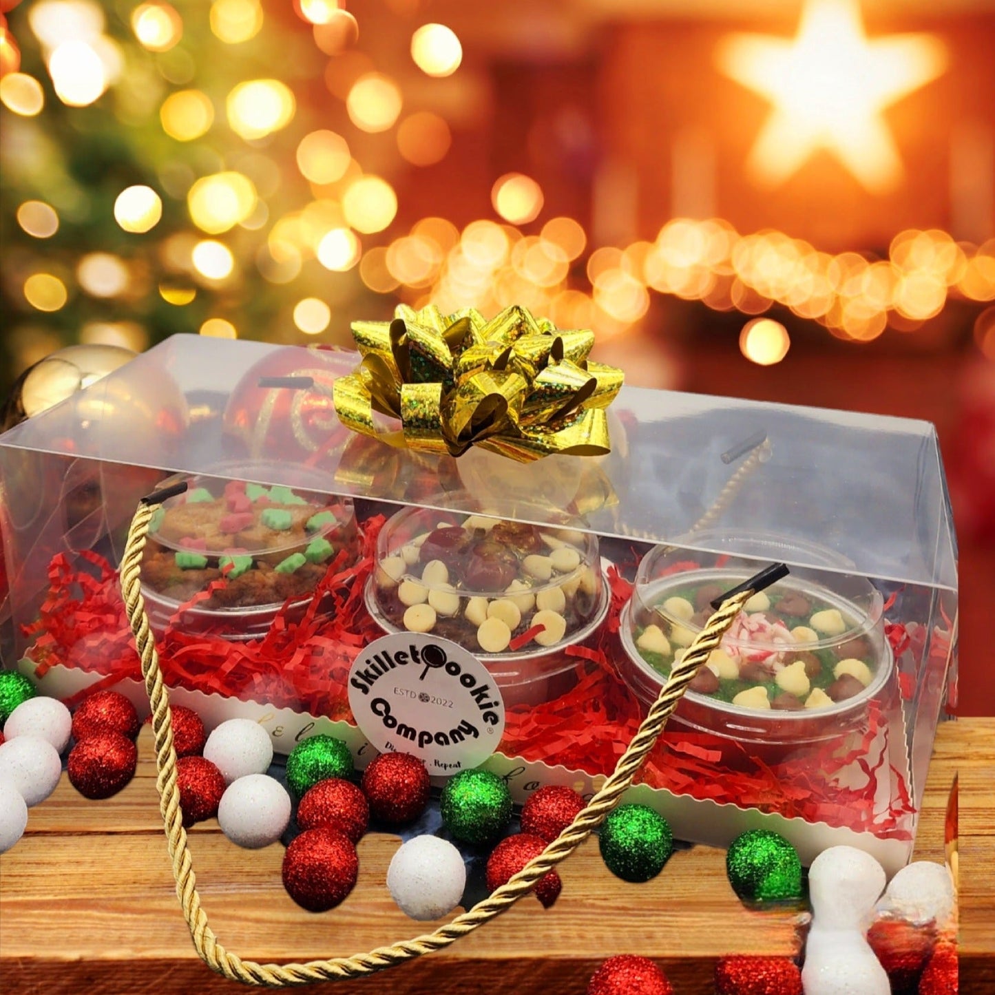 Holiday gift pack skillet cookies. 3 pack. Deep dish stuffed cookies. Black forest. Peppermint. Gingerbread cookies. Skillet cookie company.com. Toronto. Canada wide shipping.